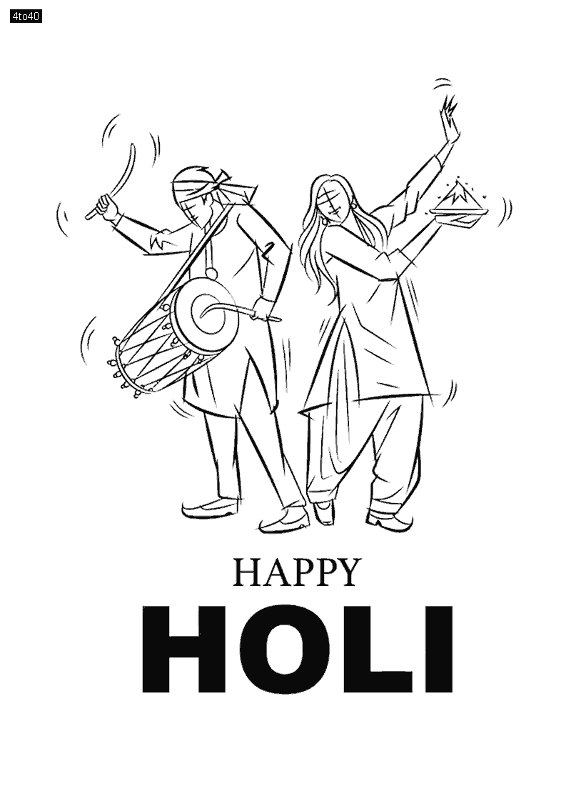 Couple celebrating Holi line drawing for coloring
