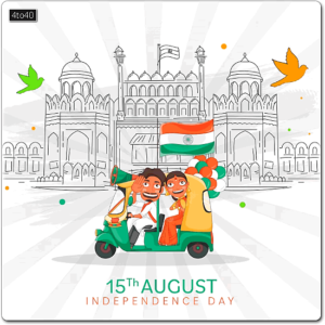 Indian man driving Auto Rickshaw with woman doing namaste