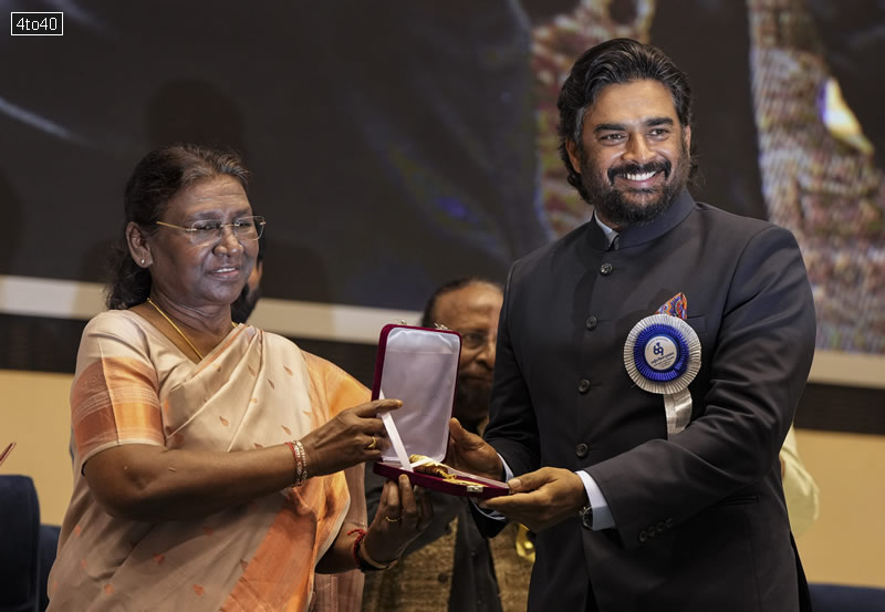 President Droupadi Murmu presents the National Film Award in the Best Feature Film category to R Madhavan