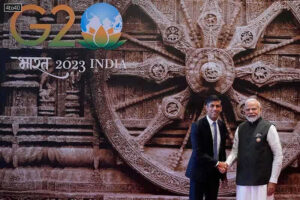 Prime Minister Narendra Modi shakes hand with British Prime Minister Rishi Sunak upon his arrival at Bharat Mandapam