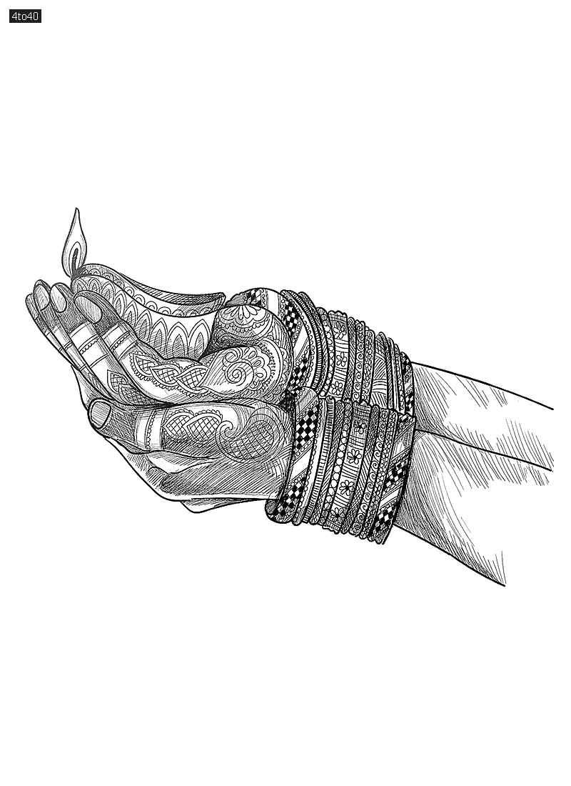 Hand drawn sketch for hand holding Indian oil lamp Diwali festival