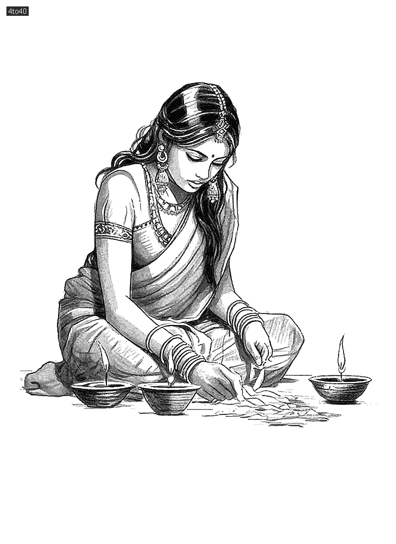 Indian lady lighting lamps for Diwali festival