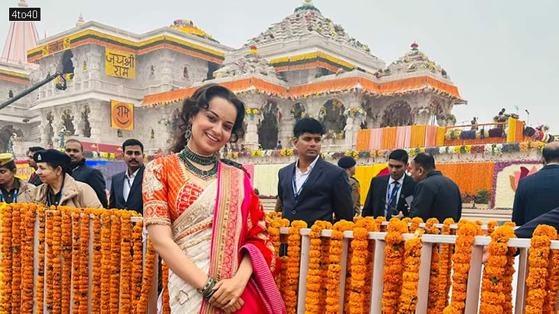 Kangana Ranaut decked up in a cream saree, red blouse and a red shawl for the Ram Mandir ceremony