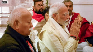 PM Modi with Rashtriya Swayamsevak Sangh chief Mohan Bhagwat during 'Pran Pratishtha' ceremony at the Ram Mandir in Ayodhya