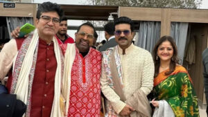 Prasoon Joshi, Shankar Mahadevan, Ram Charan pose together during the ceremony at Shri Ram Janmabhoomi in Ayodhya