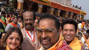 Rajinikanth, singer Shankar Mahadevan and Sachin Tendulkar pose in front of the grand Ram Mandir during the Pran Pratishtha ceremony