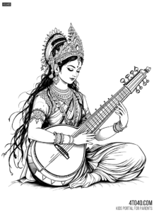 Hand draw indian god Saraswati maa on veena