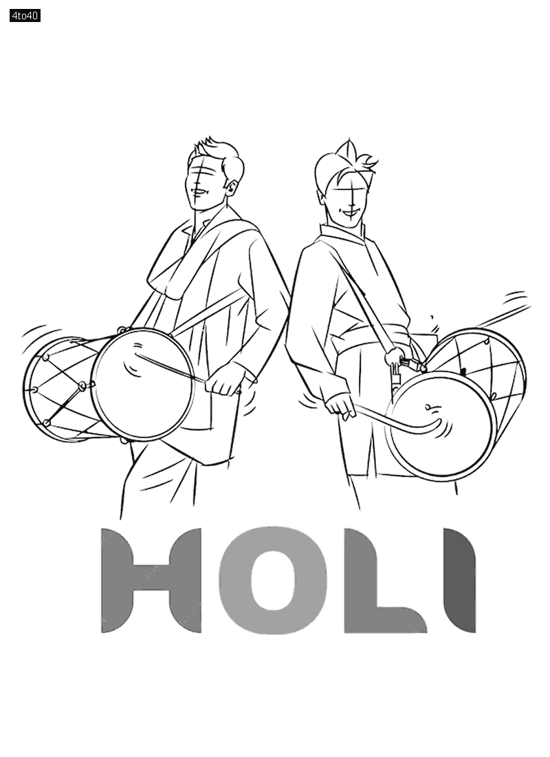 Happy Holi man playing dhol line drawing coloring page