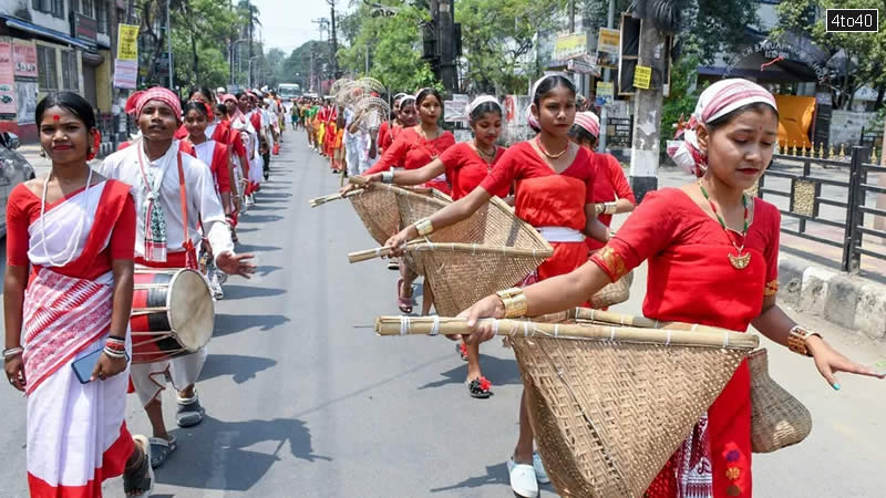 A cultural procession being taken out by Guwahati Bihu Sanmilian on the occasion of Rongali Bihu in Guwahati