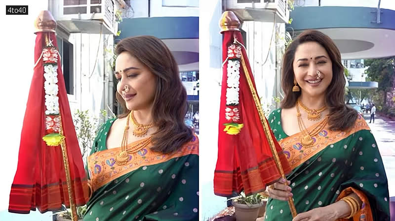 Madhuri Dixit shared a special video on the festival. She wore a bright green saree.