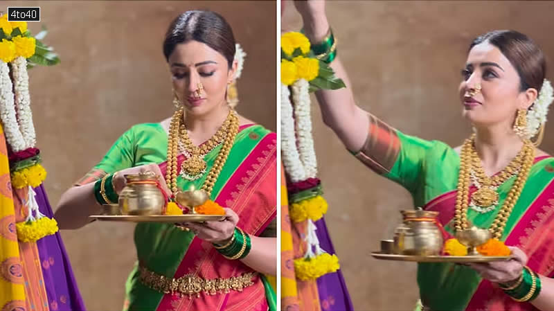 Nehha Pendse was dressed in traditional Marathi attire for Gudi Padwa. She wore heavy golden jewellery and tied her hair with flowers on the occasion.