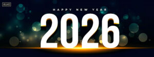 2026 Happy New Year social media banner with bokeh effect