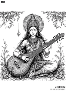 Hand draw Hindu goddess Saraswati Maa on veena