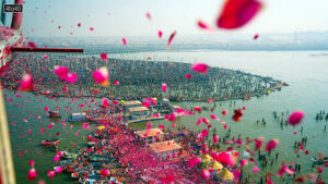 Flower petals being showered on devotees at Sangam on occasion of Maghi Purnima
