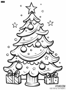 Free printable Christmas tree color sheet that is decorated with gingerbread men, snowman, candy canes, hearts, stars, holly and more!