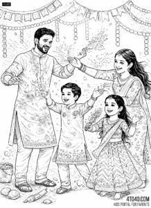 Indian Hindu Family Holi Festival Celebration Coloring Page