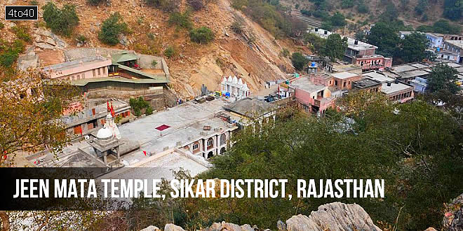 Long-standing Hindu temple set on a hillside, dedicated to Jeen Mataji & featuring a pond