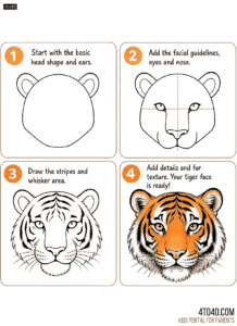 Easy four steps to draw a tiger face