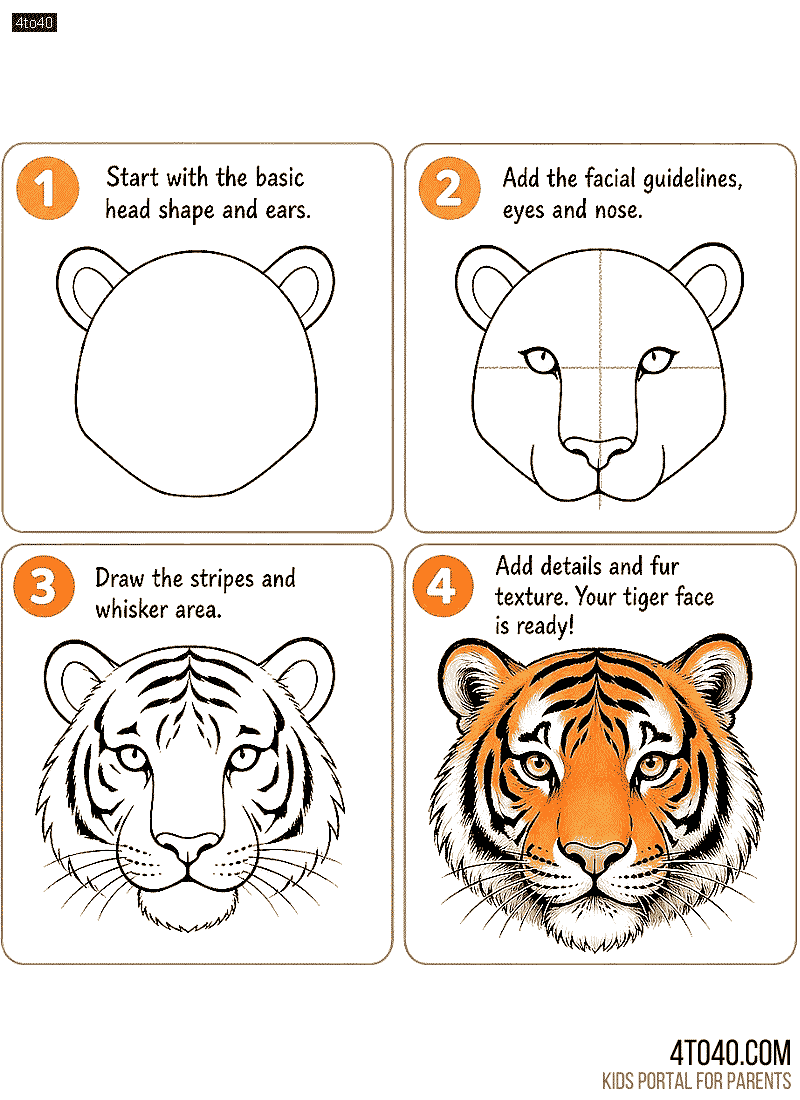 Easy four steps to draw a tiger face