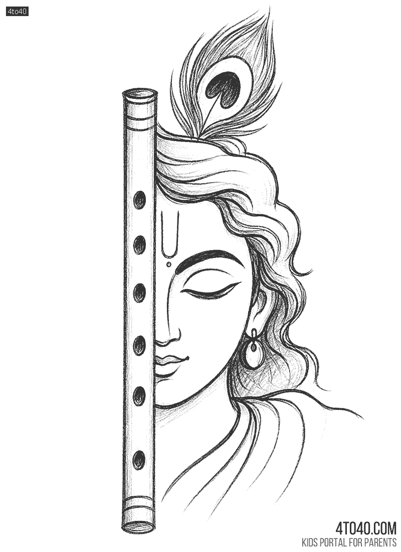 Bhagwan Krishna with flute Hard Drawing for coloring