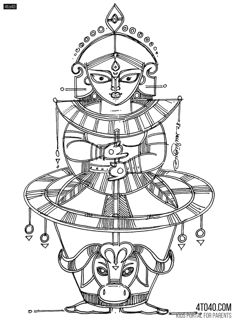 Maa Durga Ink Pen Sketch Image For Coloring