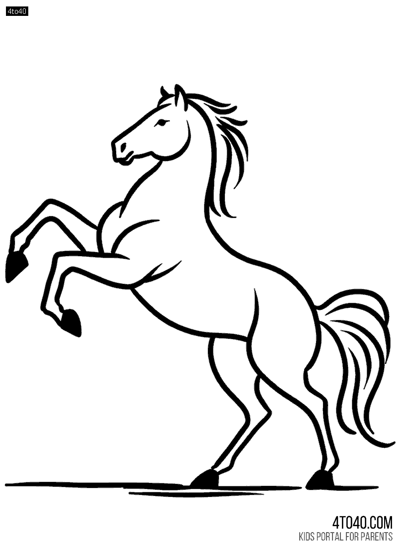 Simple and clear instructions on how to draw a rearing horse, highlighting its muscular anatomy, flowing mane, and balanced posture