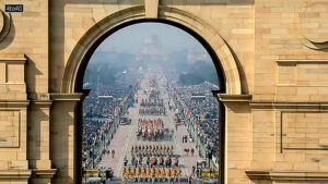 An aerial view from the top of the India Gate shows marching contingents during the 77th Republic Day parade at New Delhi's Kartavya Path