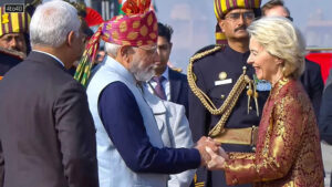Narendra Modi receives European Commission President Ursula von der Leyen and President of the European Council Antonio Costa