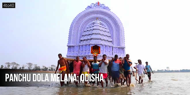 Devotees carrying idols wade through waters of Chilika Lake during Panchu Dola Melana festival