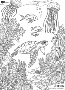 Free printable ocean coloring page for kids with starfish, whales, dolphins and seahorses
