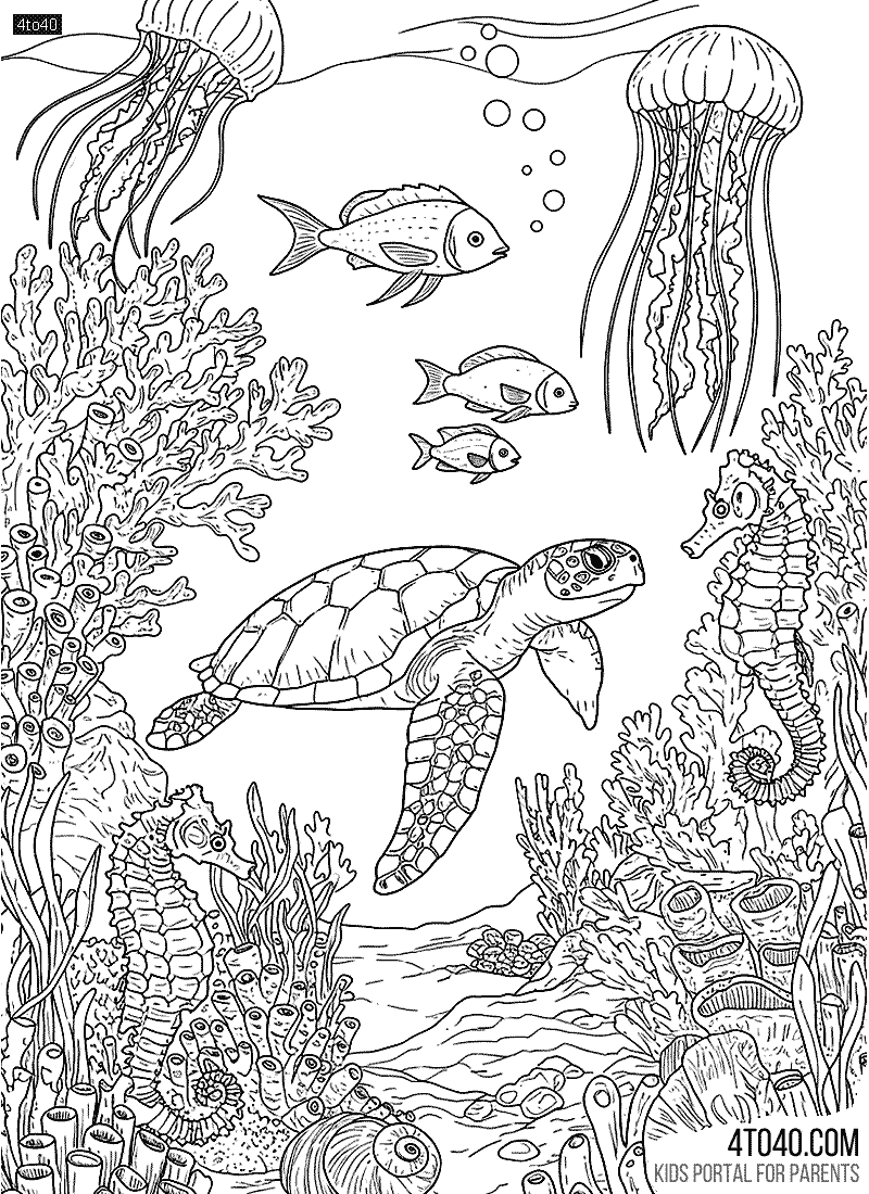 Free printable ocean coloring page for kids with starfish, whales, dolphins and seahorses