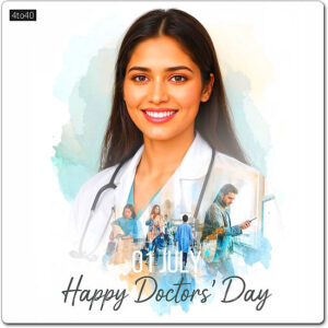 Indian female doctor in a white coat, with soft pastel colors and a dreamy hospital scene