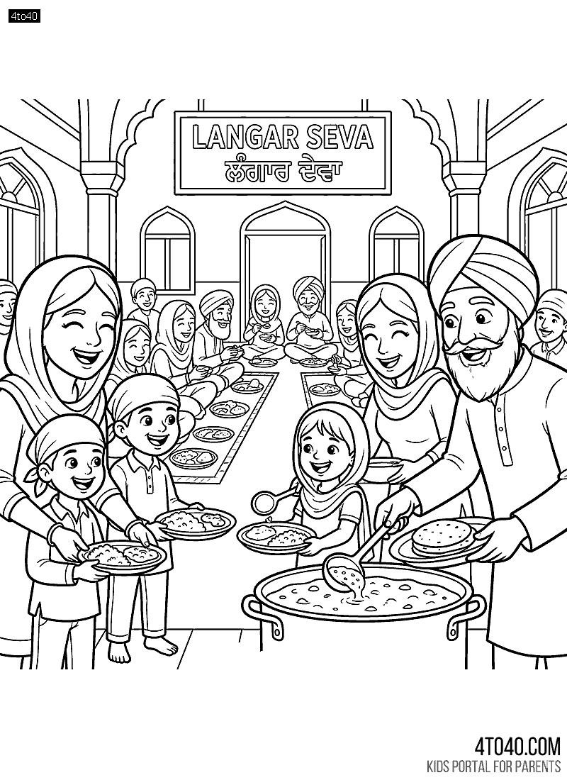 Color a Langar seva scene — the Sikh tradition of serving a free meal to all.