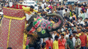 A mahout on an elephant, along with devotees, present during the 149th Lord Jagannath Rath Yatra