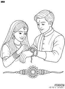 Traditional ethnic dress pehne ek behan apne bhai ko subh muhurat par rakhi baandh rahi hai. Rakhi Festival coloring Page for Teens and Adults