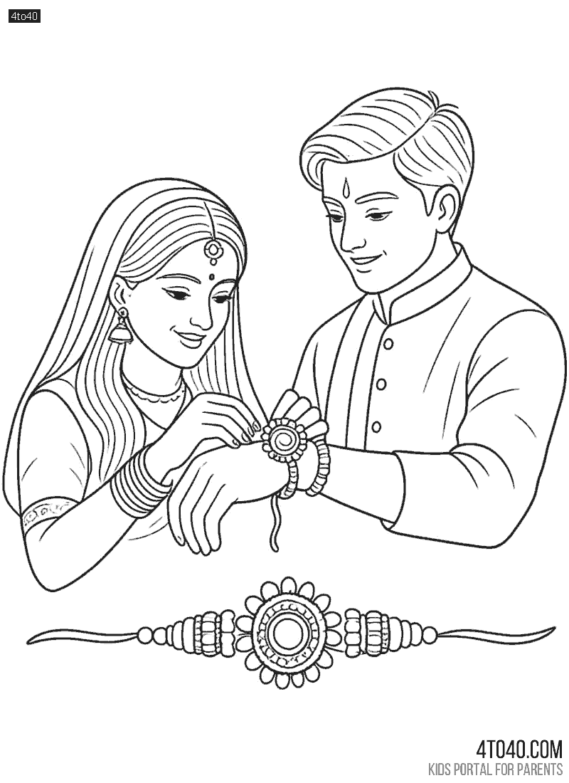 Traditional ethnic dress pehne ek behan apne bhai ko subh muhurat par rakhi baandh rahi hai. Rakhi Festival coloring Page for Teens and Adults