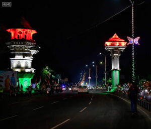 Lohia Path welcome gates in Lucknow, Uttar Pradesh, illuminated in the tricolor lights