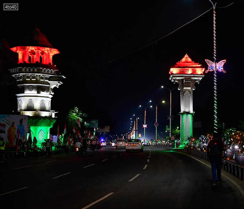 Lohia Path welcome gates in Lucknow, Uttar Pradesh, illuminated in the tricolor lights