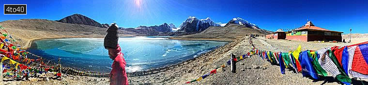 A panoramic view of the Gurudongmar lake and the Buddhist shrine