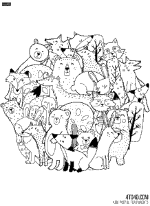 Circle shape coloring page with funny forest characters