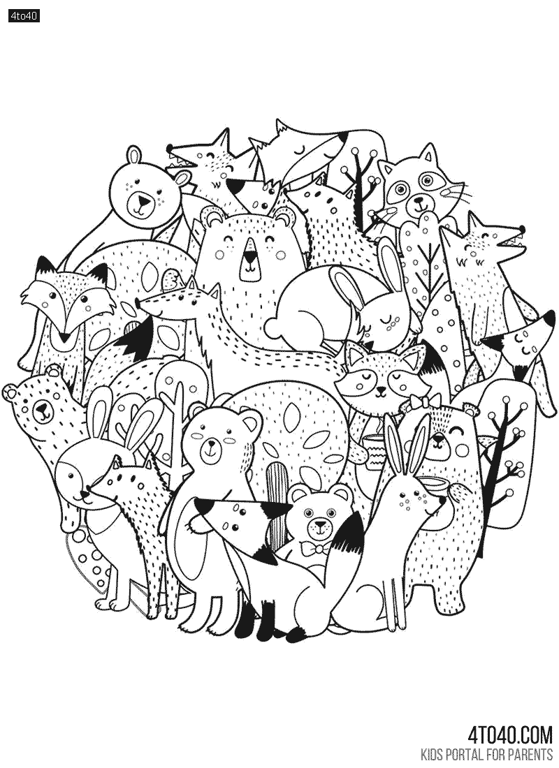 Circle shape coloring page with funny forest characters