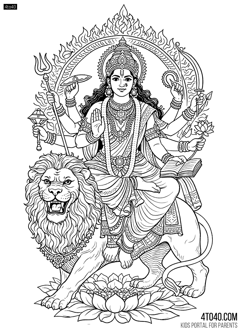 Maa Sherawali Hindu goddess Free Coloring Sheet For Hindu Devotees