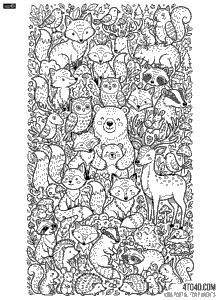 Woodland animal doodle crowd, foxes, bears, owls, deer, hedgehogs, coloring page