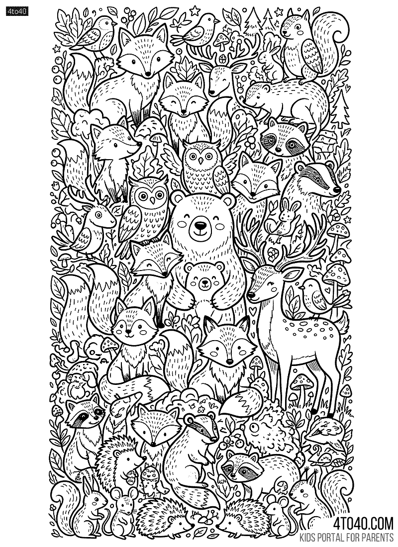 Woodland animal doodle crowd, foxes, bears, owls, deer, hedgehogs, coloring page